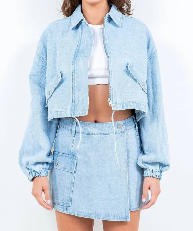 Women's Resort Garments Cropped Denim Jacket With Drawstring In Light Blue