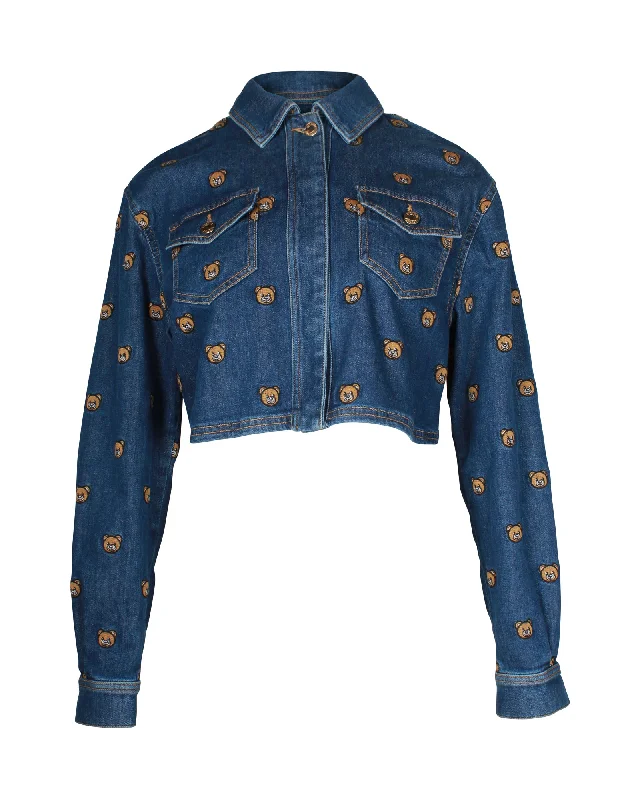 Women's Travel Garments Moschino Teddy Bear Embroidered Denim Jacket In Blue Cotton