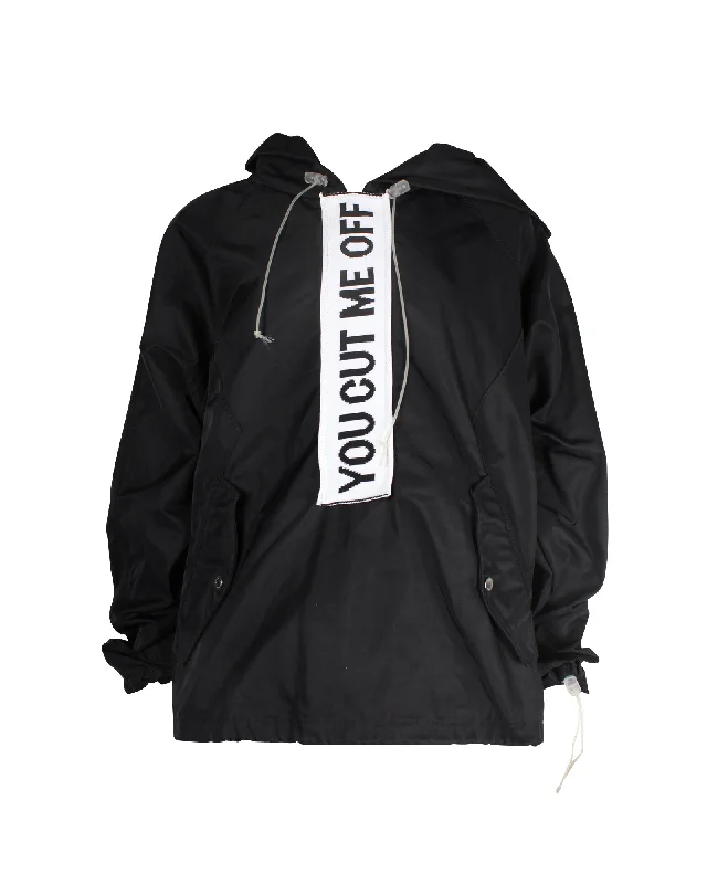 Women's Stylish Outdoor Outfit Off-White Anorak 'You Cut Me Off' Hooded Jacket in Black Nylon