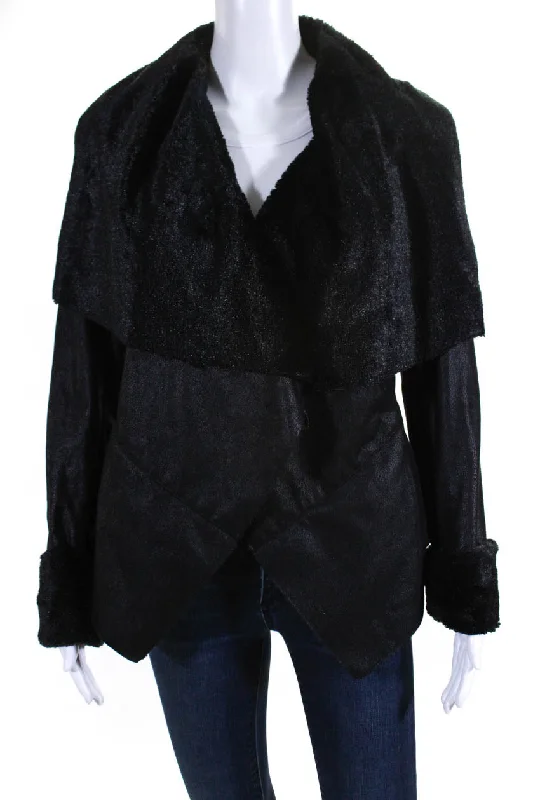 Women's Seasonal Wardrobe Clothing Neiman Marcus Womens Faux Fur Faux Shearling Waterfall Coat Jacket Black Small