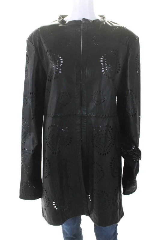 Women's Occasion Wear Clothes In Transit Womens Laser Cut Long Hook & Eye Leather Jacket Black