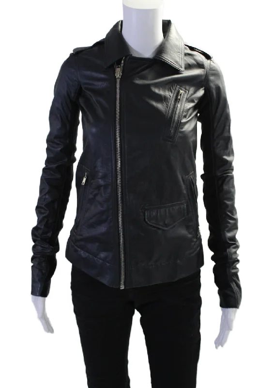 Women's Athleisure Apparel Rick Owens Womens Black Leather Full Zip Long Sleeve Motorcycle Jacket