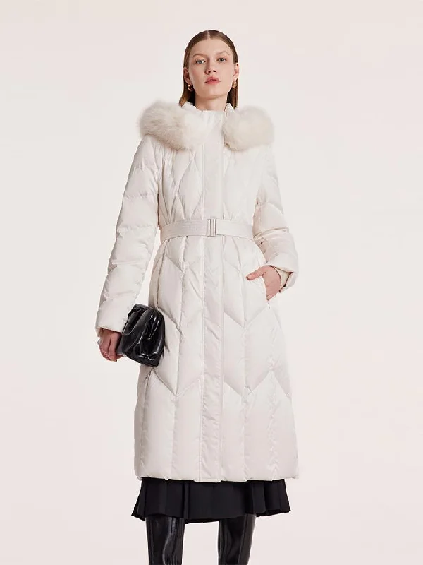 Women's Occasion Wear Clothes Gathered Waist Long Goose Down Garment With Faux-Fur Collar