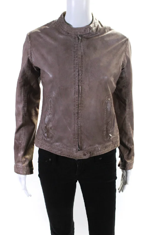 Elegant Women's Evening Garments Bully Womens Long Sleeve Front Zip Crew Neck Leather Jacket Brown