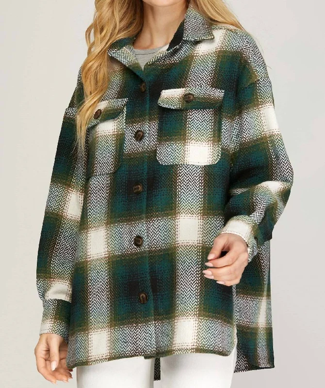 Charming Women's Garments Flannel Plaid Jacket In Green