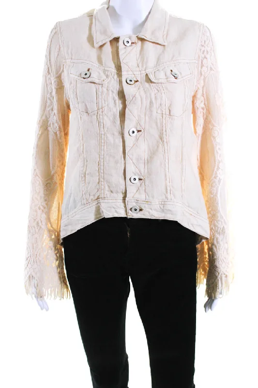 Timeless Women's Outfit Sunday Tropez Womens Elvis Mesh Embroidered Sleeve Linen Jacket Beige