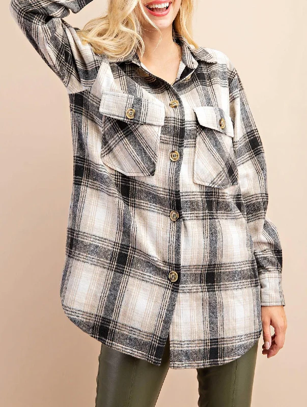 Women's Vacation Clothes Plaid Shirt Jacket In Black/tan