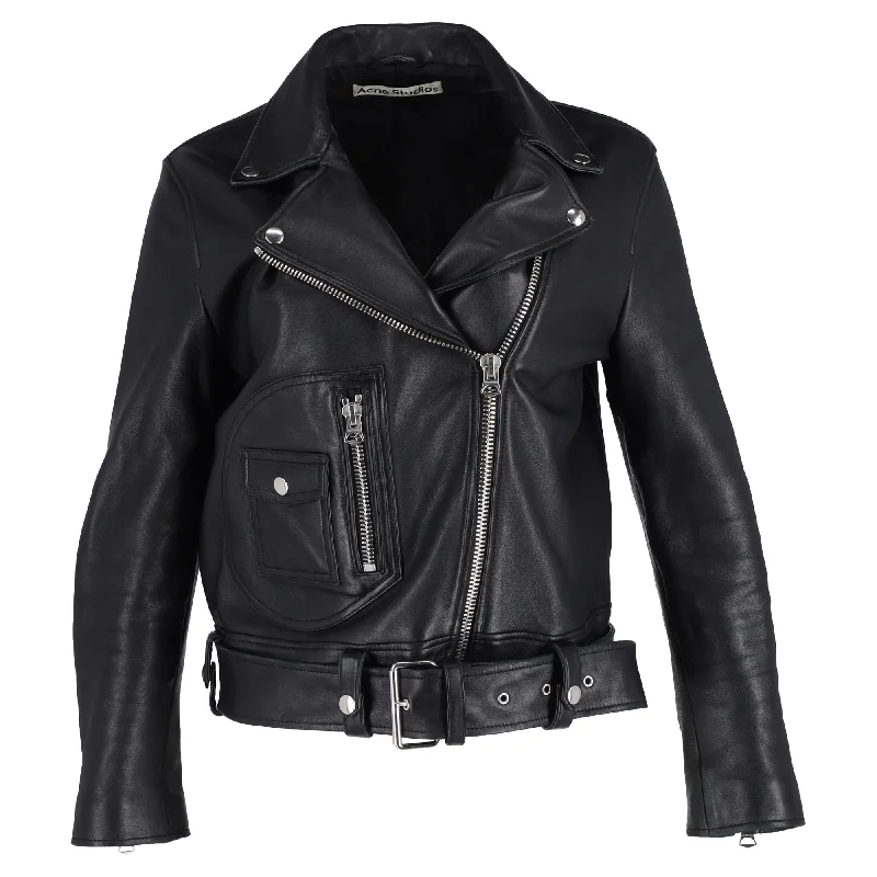 Women's Clothes And Apparel Acne Studios Zip Up Biker Jacket in Black Leather