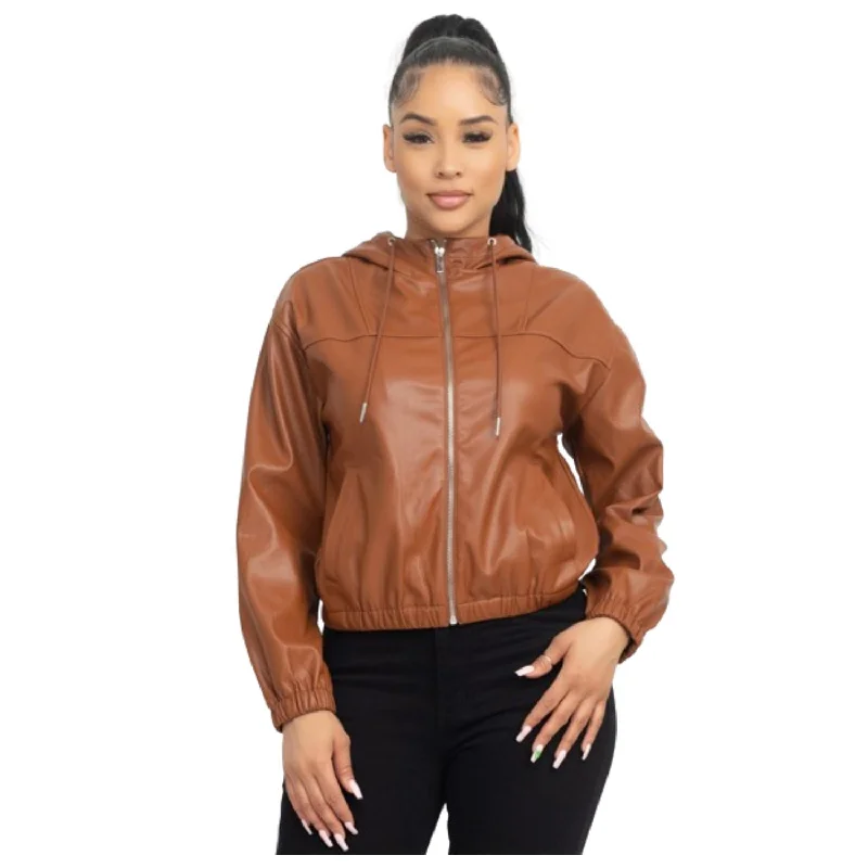 Women's Functional Outfit For Outdoor Activities Faux Leather Hoodie Jacket