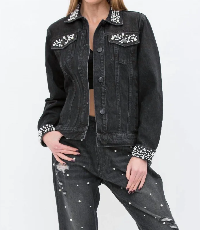 Women's Casual Garments Pearl Embellished Jacket In Black