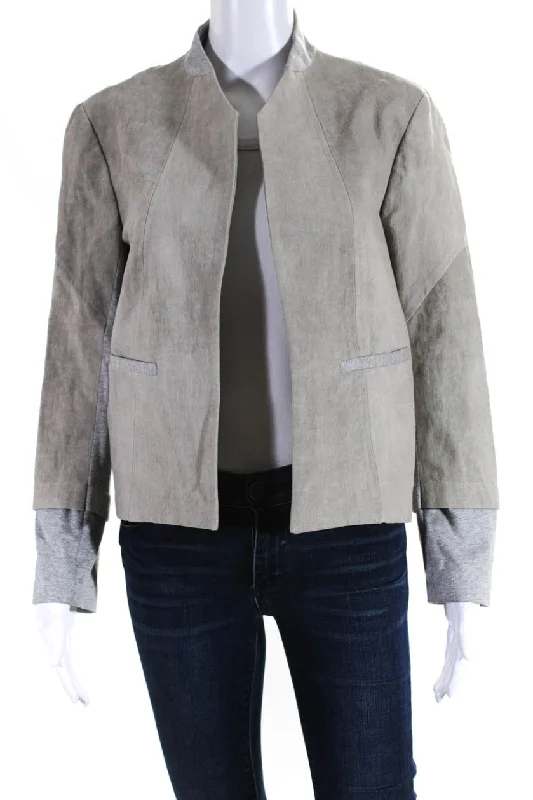 Affordable Luxury Women's Apparel VPL Womens Linen Cropped Open Front Jacket Gray