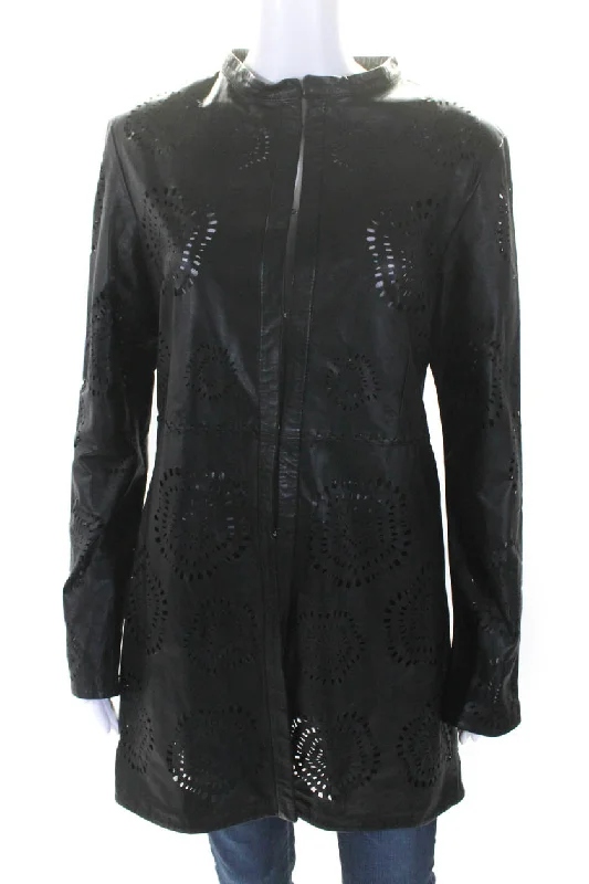 Affordable Women's Clothing In Transit Womens Laser Cut Long Hook & Eye Leather Jacket Black