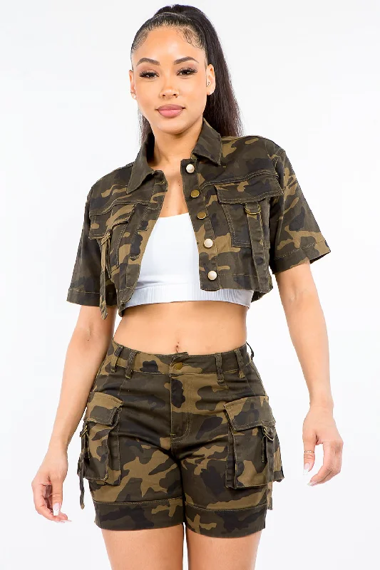 Women's Sporty Clothes Full Size Camouflage Short Sleeve Cropped Jacket