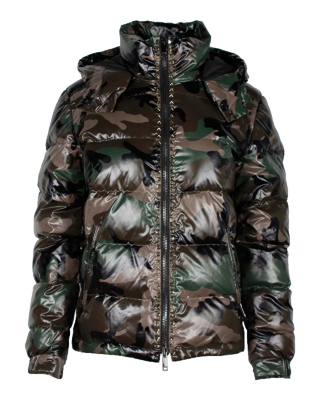 Women's Plus-Size Garments Valentino Studded Camouflage-Print Quilted Shell Hooded Down Jacket in Green Polyamide