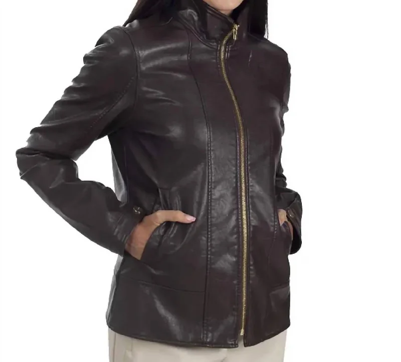 Women's Contemporary Apparel Classic Racer Leather Jacket In Brown