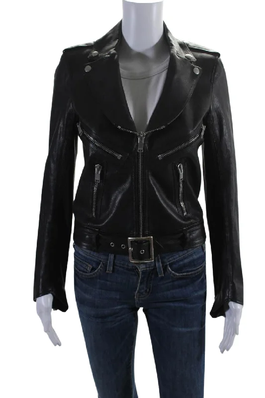 Women's Activewear Apparel Saint Laurent Womens Leather Silver Tone hardware Biker Jacket Black