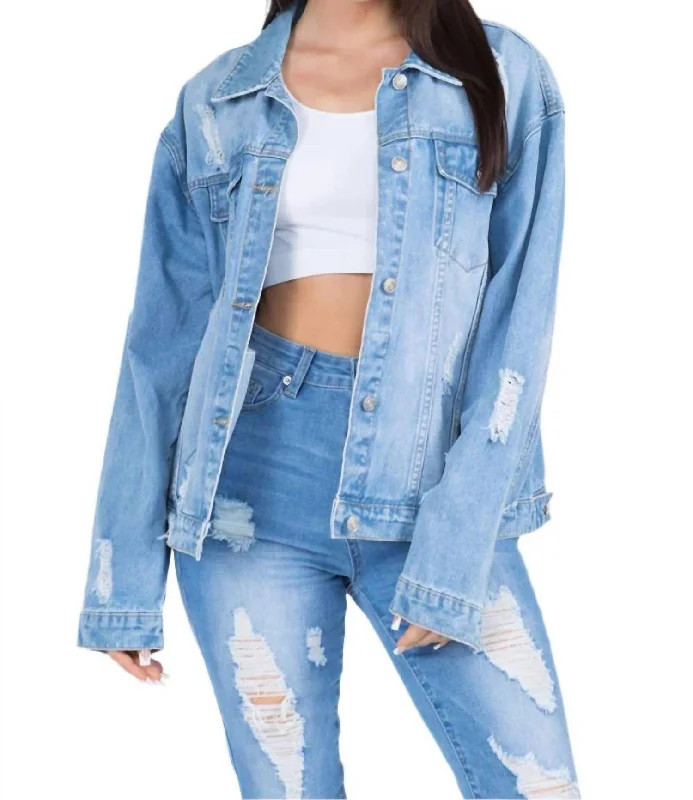 Women's Elegant Outfit Full Size Painted Back Distressed Denim Jacket In Blue