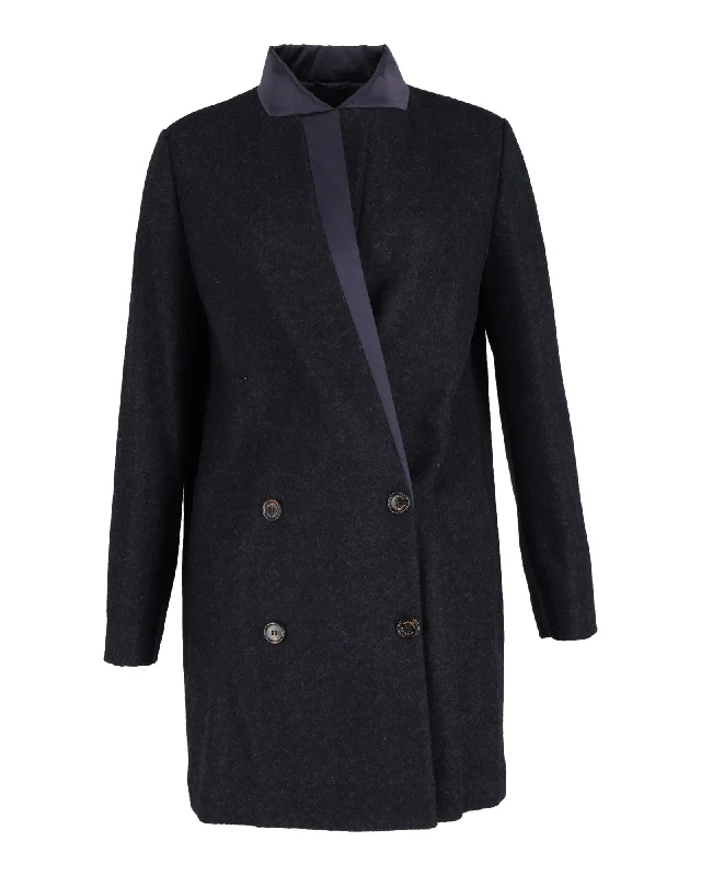 Trendy Athleisure Clothing For Women Brunello Cucinelli Double-Breasted Coat with Satin Collar in Navy Blue Wool