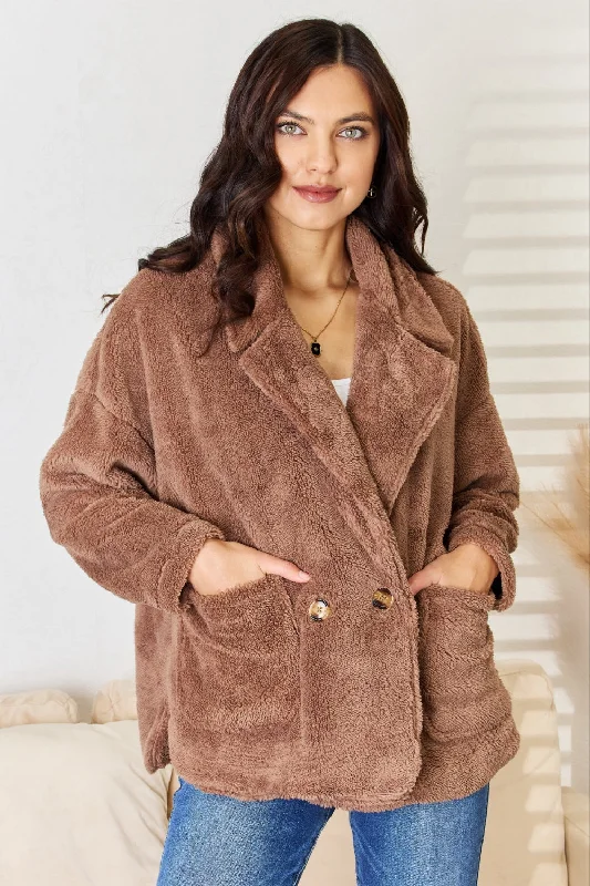 Women's Vacation Outfit Set Double Breasted Fuzzy Coat