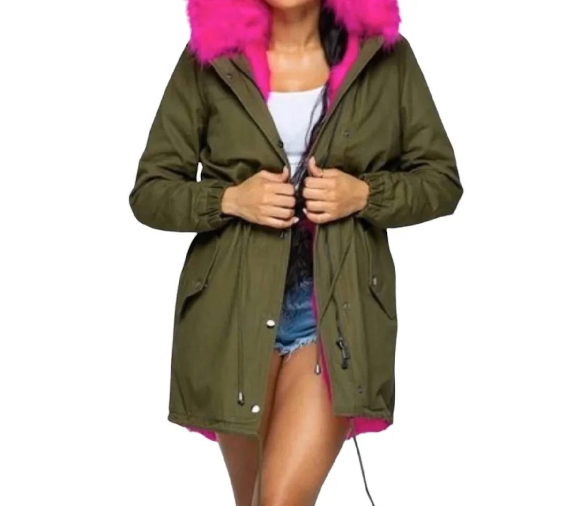 Comfortable Garments For Women Hooded Coat With Hot Pink Fur In Olive