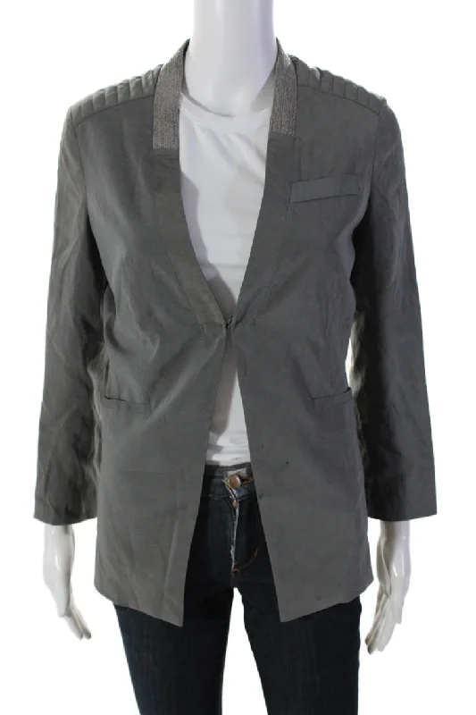 Formal Outfit For Women Brunello Cucinelli Womens Silk Beaded Detail Open Front Jacket Gray