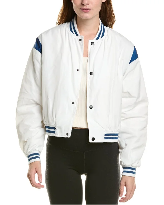 Women's Stylish Outdoor Outfit IVL Collective Cropped Varsity Bomber Jacket