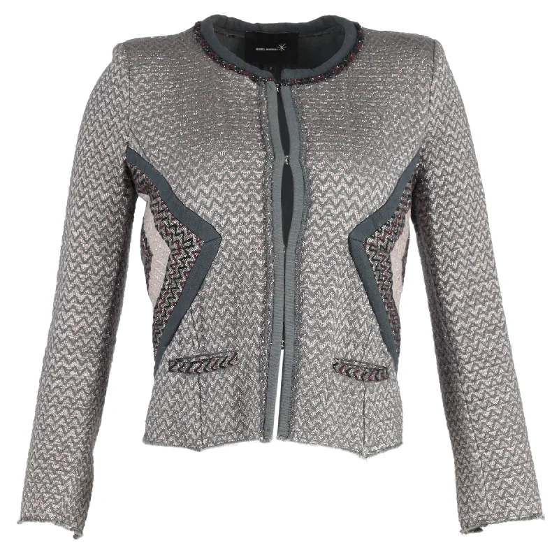 Fashionable Women's Outfit Isabel Marant Peru Tweed Jacket in Zigzag Pattern Grey Cotton