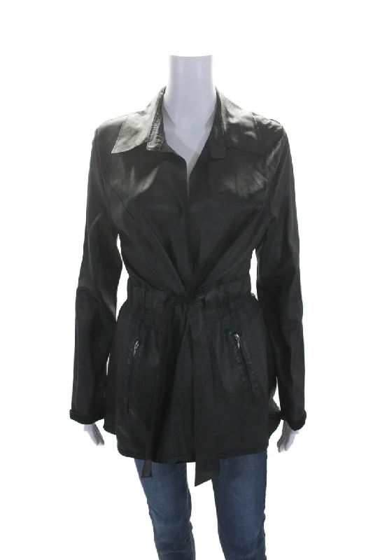 Big Savings On Modern And Classic Fashion Looks In Transit Women's Collared Long Sleeves Tie Waist Leather Jacket Black