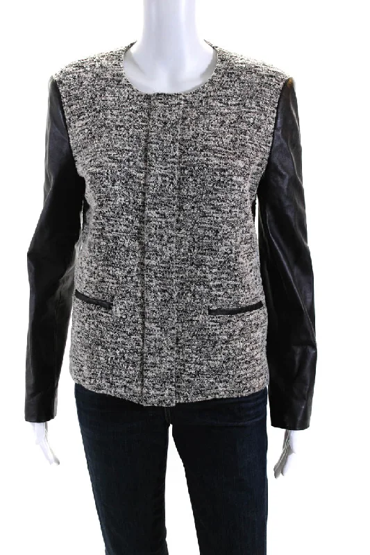 Women's Seasonal Wardrobe Clothing Barneys New York Womens Crew Neck Leather Trim Knit Jacket Black Gray Medium