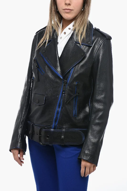 Women's Everyday Clothes Off-White Leather Oversized Biker Jacket with Contrasting Trims