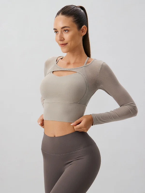 Women's Luxury Garments You'Ll Love Us Because Khaki Cut Out Long Sleeve Top--Light Support