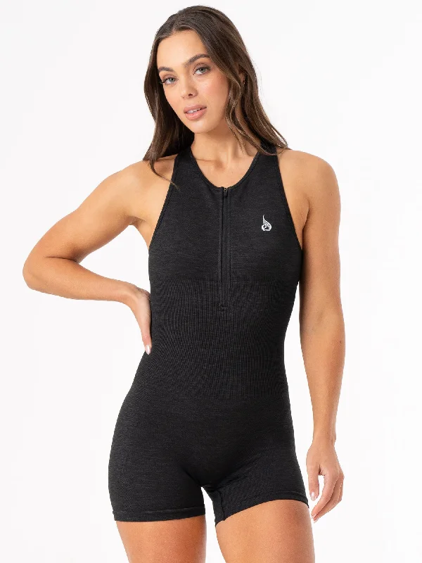 Women's Professional Attire Find Your Unique Flair Rib Scrunch Seamless Bodysuit - Black