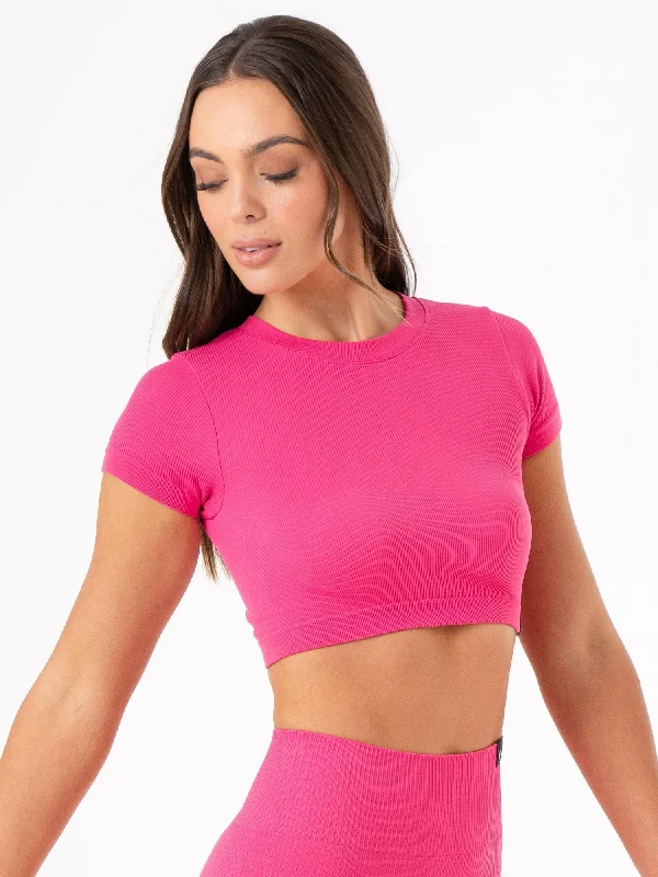 Women's Casual Apparel Break Fashion Norms Rib Seamless T-Shirt - Hot Pink