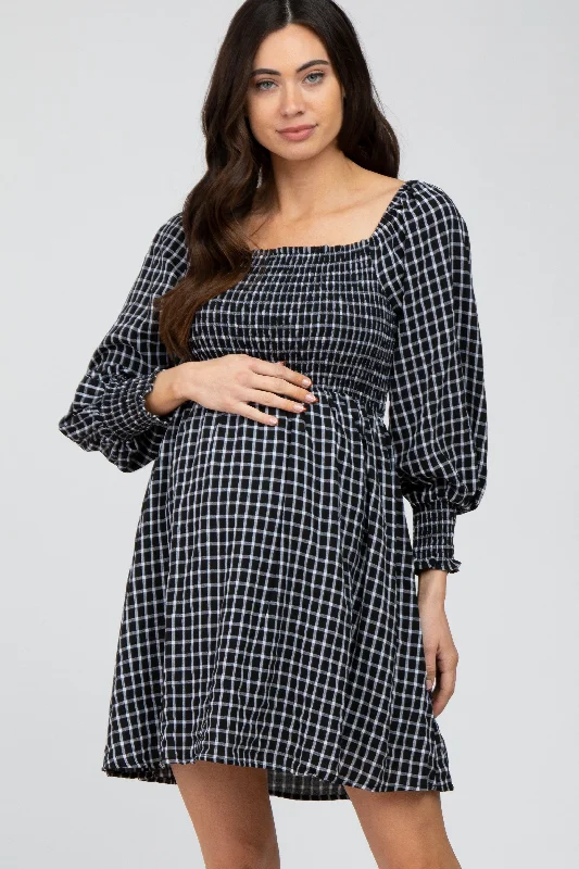 Women's Date Night Outfit Seasonal Fashion Black Plaid Smocked Maternity Dress