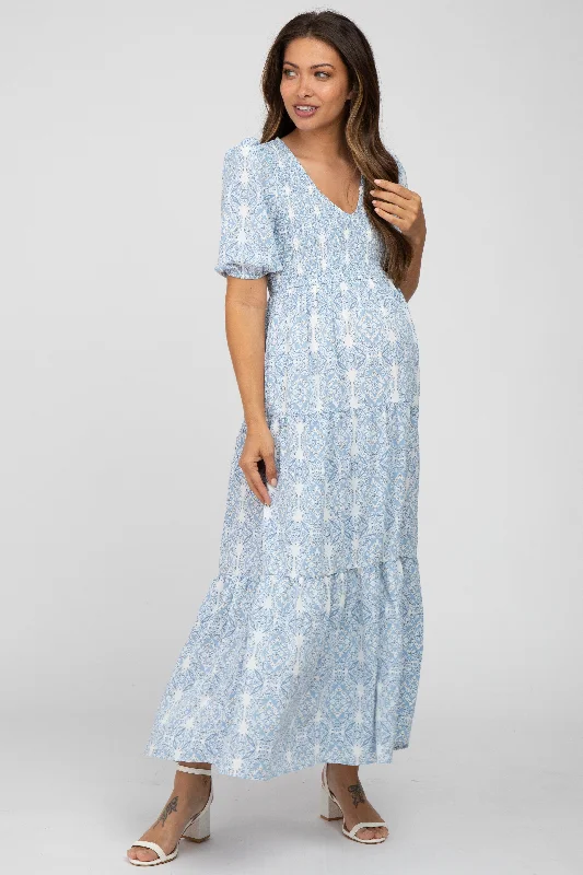 Women's Resort Apparel Big Discounts Blue Paisley Print Smocked Tiered Maternity Maxi Dress