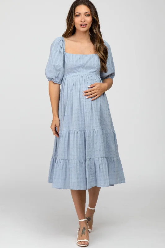 Women's Fashionable Clothing Sets Casual Fashion Blue Plaid Square Neck Maternity Midi Dress