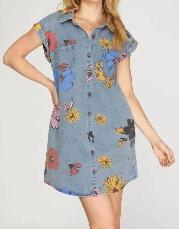 Women's Clothing For Work Crazy Discounts, Hurry Up Floral Denim Shirt Dress In Blue/multi