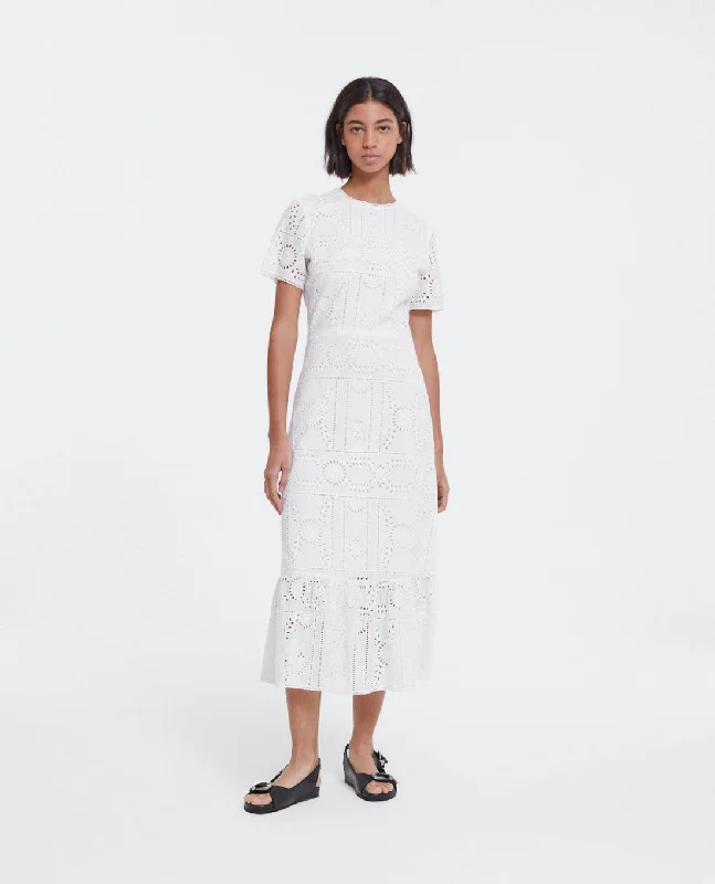 Women's Seasonal Apparel Summer Deals Long White Embroidered Dress With Crew Neck