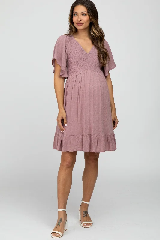 Women's Evening Wear Outfit Statement Fashion Offers Mauve Smocked Front Ruffle Hem Maternity Dress