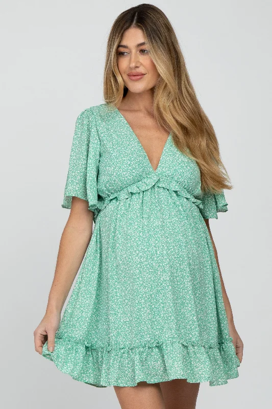 Women's Work Outfit Seasonal Trends Mint Green Floral Ruffle Accent Cutout Maternity Dress