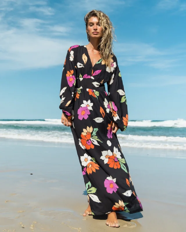 Women's Tops And Clothing New Season Fashion Preview Night Bloom Long Sleeve Maxi Dress - Black Pebble