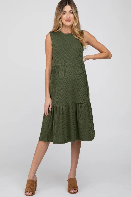 Women's Casual Wear Clothes Hot Brand Discounts Olive Ribbed Tiered Maternity Midi Dress