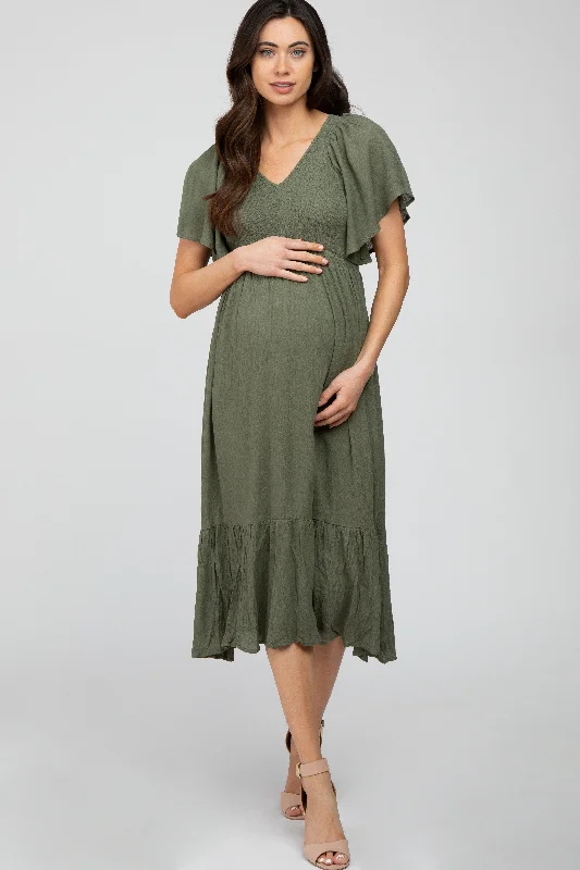 Women's Clothing And Garments Sets Chic & Modern Sales Olive Smocked Ruffle Maternity Dress