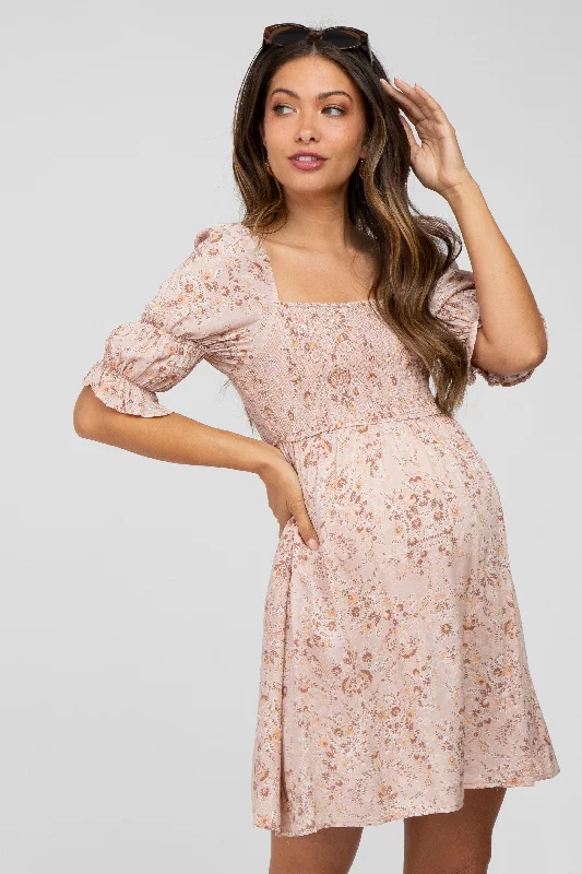 Women's Activewear Apparel Budget Friendly Pink Floral Smocked Square Neck Puff Sleeve Maternity Dress