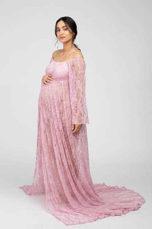 Sustainable Women's Clothes Weekend Exclusive Pink Lace Off Shoulder Maternity Photoshoot Gown/Dress