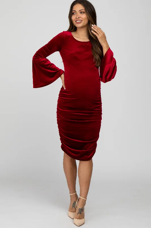 Formal Outfit For Women Sophisticated Style Offers Red Velvet Ruched Bell Sleeve Maternity Dress