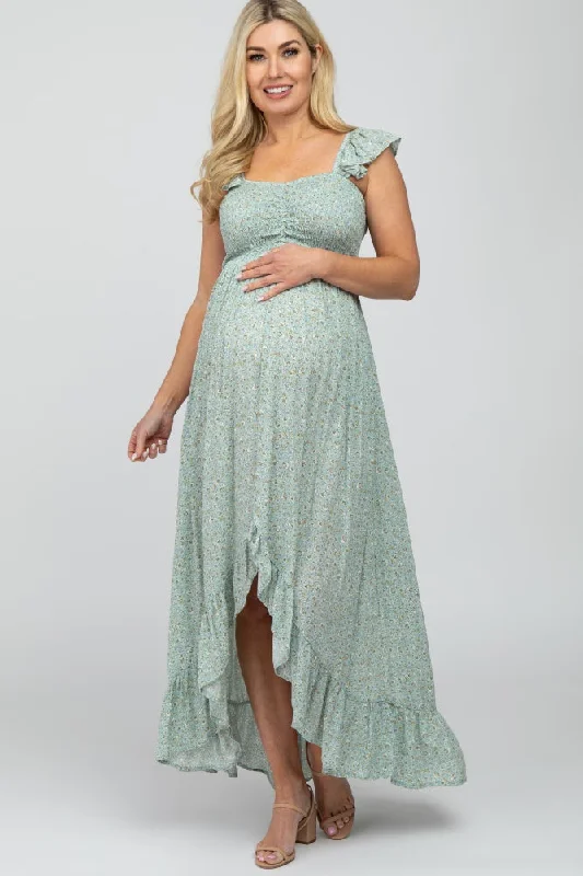 Women's Plus-Size Outfit Boutique Styles Sage Floral Smocked Hi-Low Maternity Maxi Dress