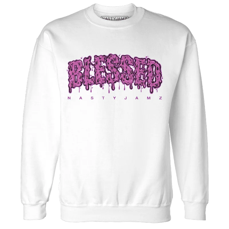 Bold And Trendy Gender-Neutral Outfits Holiday Attire Sale NastyJamz GS Hyper Violet 4s Sweatshirt Match Blessed Text