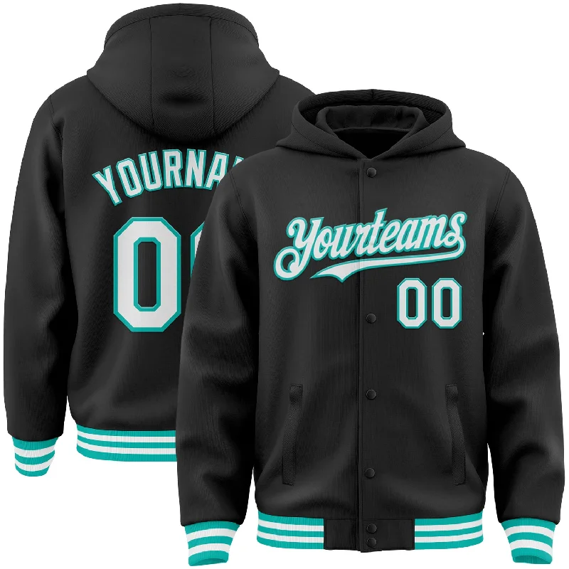 Effortless And Modern Unisex Dressing Vintage Style Deals Custom Black White-Aqua Bomber Full-Snap Varsity Letterman Hoodie Jacket