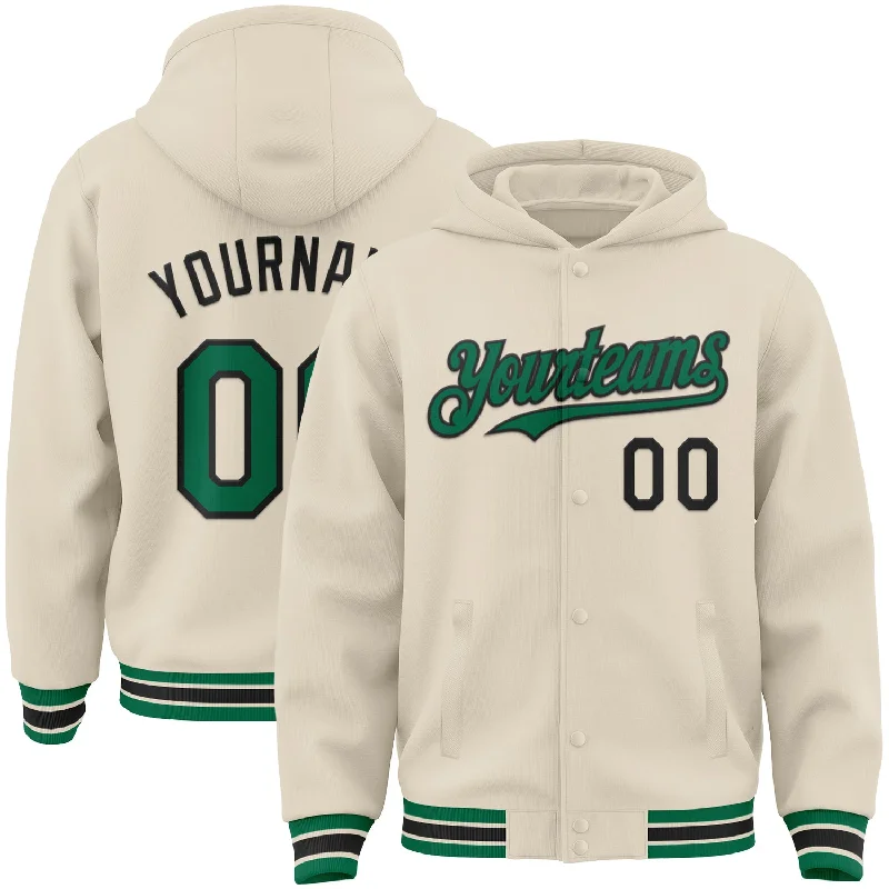 Breathable And Lightweight Unisex Wear Fashion Essentials Custom Cream Kelly Green-Black Bomber Full-Snap Varsity Letterman Hoodie Jacket